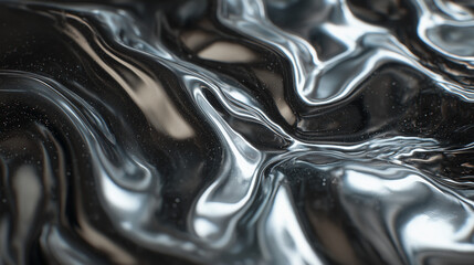 Abstract Metallic Flow: An artistic macro shot of liquid metal, its surface undulating with organic, fluid movements, reflecting light in a mesmerizing dance of highlights and shadows.