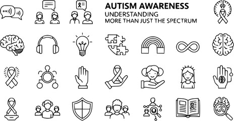 Fototapeta premium Autism Awareness Neurodiversity Icons: Understanding, Support, Communication, Research, and Brain Health Symbols