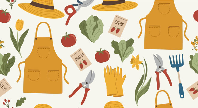 Whimsical garden tools and produce seamless pattern yellow aprons straw hats red tomatoes green lettuce gardening gloves pruners trowel seed packets and daffodils on a light cream background perfect