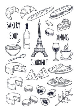 Hand drawn sketch of parisian culinary delights and iconic eiffel tower celebrating french gastronomy with bakery soup cheese wine and gourmet dishes perfect for travel and food blogs restaurant