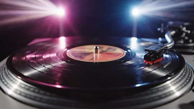 Retro Vinyl Record Spinning on Turntable with Disco Party Lights