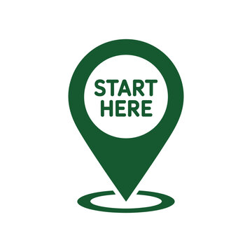 A green map pin icon with a white circle and the words 'START HERE' in green text on a white background