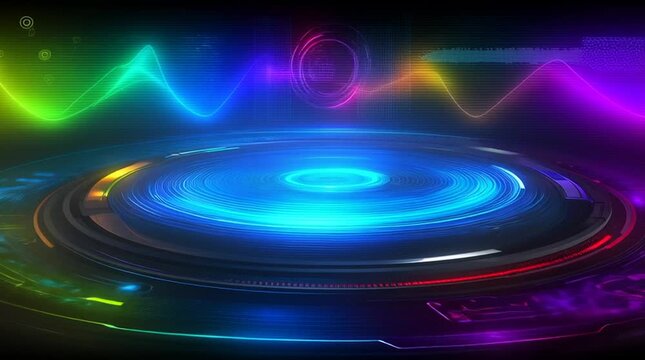 abstract futuristic ai technology background loop, colorful digital data visualization with copyspace, hightech holographic interface animation