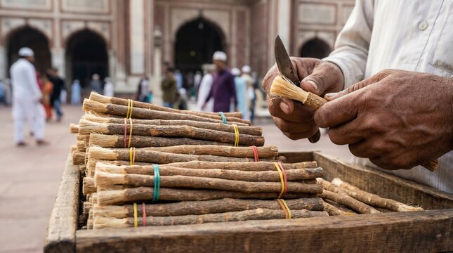 Miswak Preparation with Knife in Lahore, Pakistan: Traditional Craft - Sensory Realism
