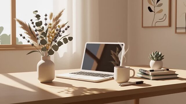 Minimalist desk with dried floral arrangement and laptop by window