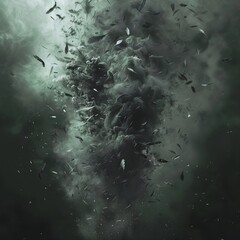 Cinematic ash sculpture with dark feathers, desaturated grey and muted green tones, minimalist atmospheric smoke, fine art editorial style, and dark, moody background.