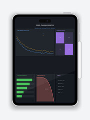 Tablet Displaying Data Analytics Dashboard with Charts, Graphs and Performance Metrics UI Illustration