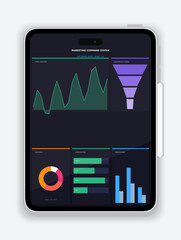 Tablet with Business Analytics Dashboard Interface, Data Visualization Charts and Performance Metrics Illustration