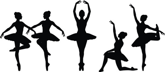 Five black silhouettes of ballerinas in various dance poses ballet white background © Obaidul Vector Zoon