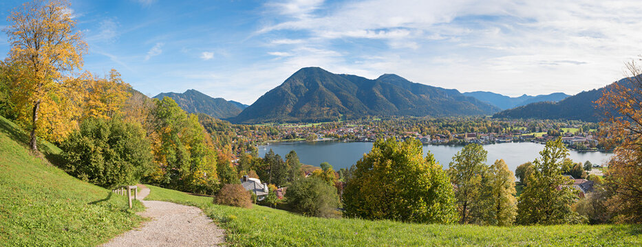 viewpoint Leeberg hill, tourist resort Rottach-Egern and lake Tegernsee in autumn, bavaria