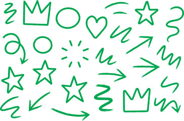 Green hand drawn doodle shapes and arrows set with stars, hearts, crowns, and abstract sketch elements