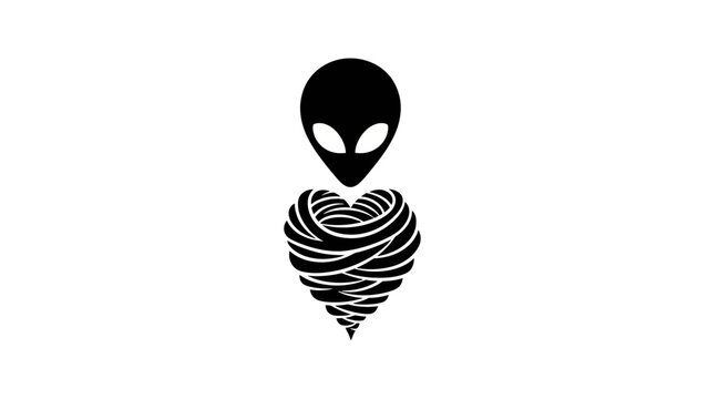 Minimalist Alien Head and Intertwined Wire Heart Vector Illustration. Abstract Extraterrestrial Love or Connection Concept Graphic