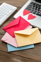Colorful envelopes and hearts on desk with keyboard and laptop