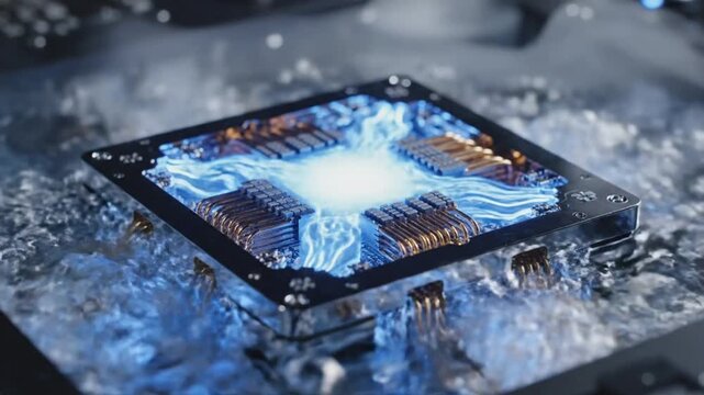Futuristic CPU Processor Chip with Blue Energy Flowing, Advanced Technology Concept
