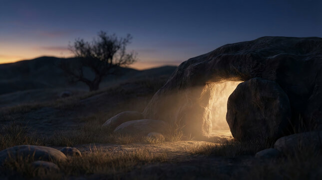 Empty Tomb with Glowing Light &ndash; Minimal Resurrection Concept in Cinematic 16:9 Composition