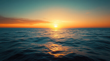 Fototapeta premium A stunning view of the sunset reflecting on the ocean's surface. The sky is ablaze with warm colors, creating a breathtaking and tranquil scenery AI Generative