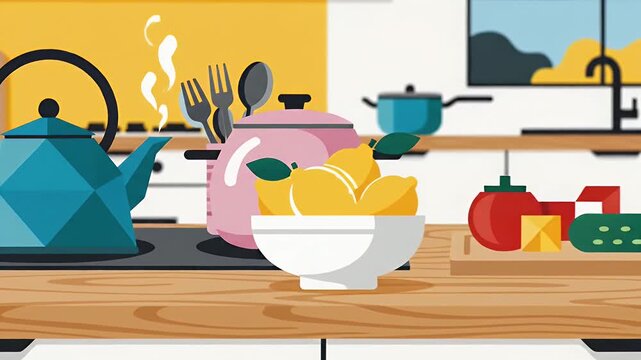 Modern kitchen with geometric teapot and colorful cooking pots