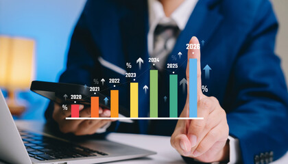 Business growth forecast concept. Businessman pointing upward financial bar chart from 2020 to 2026, revenue increase, performance analysis, strategic planning, future success