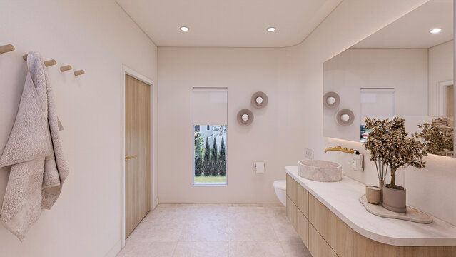 Bathroom vanity and toilet area with mirror lighting &ndash; 3D render
