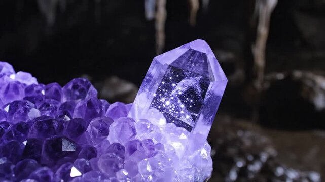 Close-up of a shimmering purple amethyst geode crystal cluster with cave formations in background