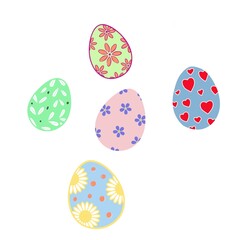 cute illustration with 5 Easter eggs in different colours on a white background, spring inspiration