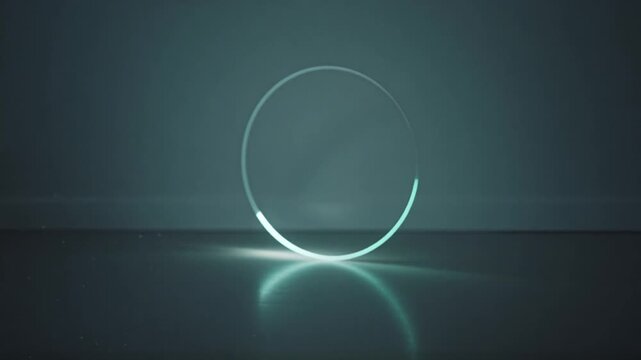 Serene teal tech halo arc with soft glow and glowing ring, quiet spotlight lighting background with smooth symmetry and elegance, peaceful shimmer for future system data in balance and harmony