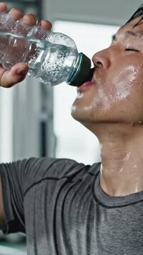 Sweaty athlete intensely rehydrates with clear bottled water after rigorous physical exertion during a demanding workout session.