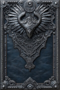 Ornate Steampunk Gothic Card Frame With Winged Skull Emblem, Embossed Metal On Dark Leather Background