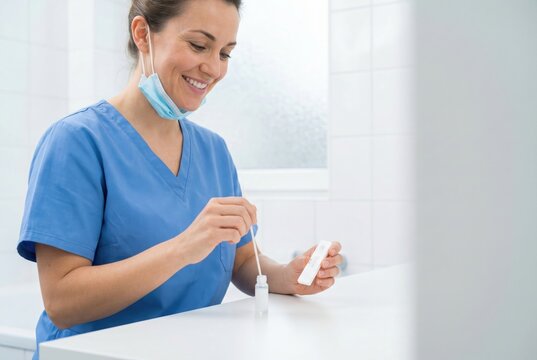 A smiling nurse in scrubs taking a rapid antigen self-test for COVID-19, adding a swab sample to the test solution.