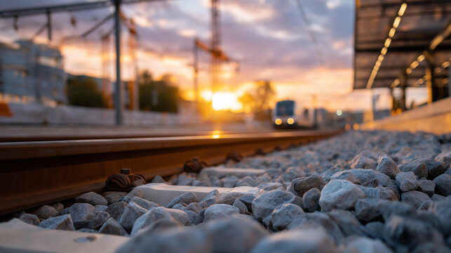 In the railway line reconstruction overview, various construction materials like aggregate and asphalt are prominently featured, stressing their significance in building durable, long-lasting