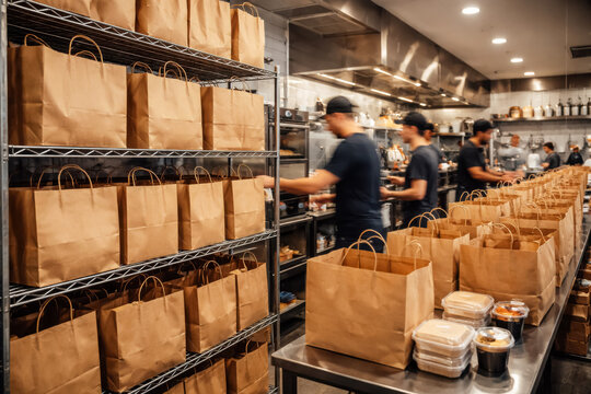 Busy Commercial Kitchen Workers preparing many Takeaway Paper Bags. generative AI