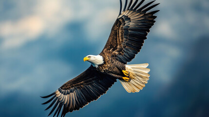 Obraz premium Majestic bald eagle soaring gracefully through the sky. Its powerful wings and focused gaze evoke a sense of freedom and dominance. AI Generative
