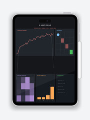 Tablet Displaying Artificial Intelligence Analytics Dashboard with Reinforcement Learning Metrics and Data Visualization UI