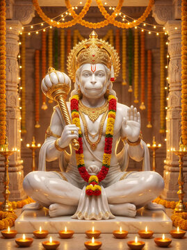 Lord Hanuman Marble Statue with Gada, Diya Lamps and Spiritual Temple Background