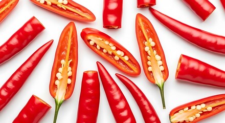 Red Chili Peppers Cut Open on White Surface