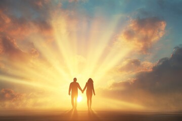 A couple holds hands and walks toward a bright sun on the horizon as golden rays spread across the sky.