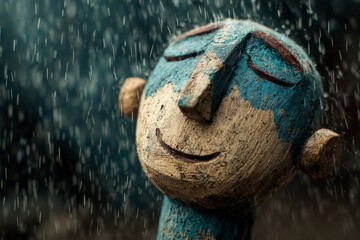 Small carved wooden figure with blue hair and beige face smiles with eyes closed while rain falls around it, surface weathered