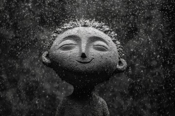 A small clay statue with closed eyes and a gentle smile is coated in a powdery texture as droplets fall around it.