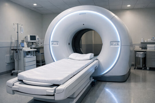 Modern MRI machine in a bright clinical hospital room. generative AI