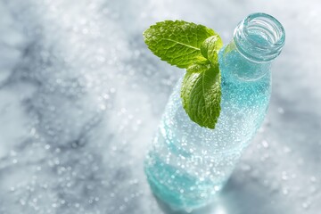 sustainable water consumption, flat lay for world water day with a clear glass water bottle, fresh mint leaf, on a white marble background, in soft diffused light