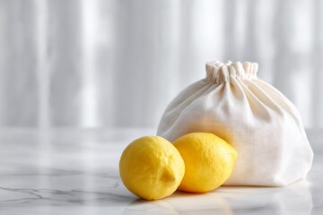 eco-friendly lifestyle, eco-friendly arrangement with fabric produce bag and fresh lemon on white marble background, illuminated by soft natural window light