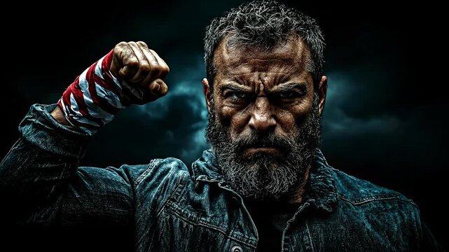 Man with fist raised looks determined. A man stands with his fist raised and a serious expression.