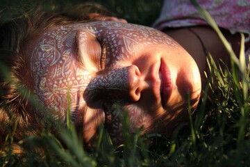 Person lies on grass with white decorative face paint, resting with eyes closed as sunlight creates glowing patterns on the skin.