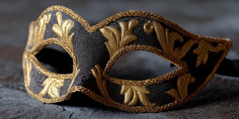 venetian mask fashion, a detailed capture of a venetian-style masquerade mask, accentuating the gold filigree and plush velvet texture, against a dramatic, moody backdrop