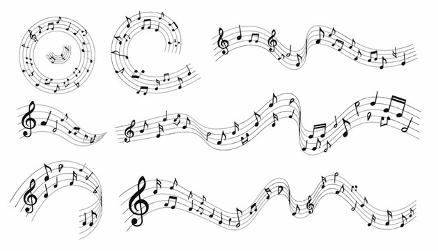 Collection of black and white musical notes symbols and treble clefs vector illustrations.