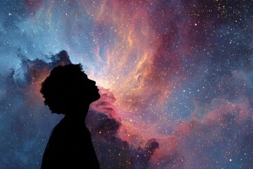 A dark silhouette of a person with an afro looks up toward a colorful nebula in outer space, as stars sparkle around them in colors.