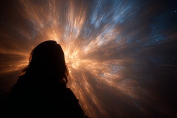 A dark silhouette stands with their back to the camera while a bright orange and blue light burst surrounds and radiates outward.
