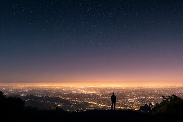A lone person stands on a hilltop and gazes at a city glowing with lights beneath a vast star filled night sky.