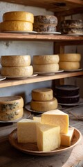Variety of artisan cheeses on wooden shelves in rustic setting