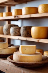 Variety of artisan cheeses on wooden shelves in rustic setting
